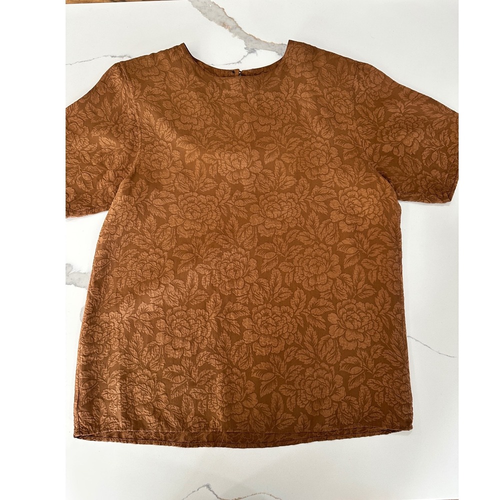 Silk Land Womens 100% Silk Floral Jacquard Short Sleeve‎ Blouse Brown M